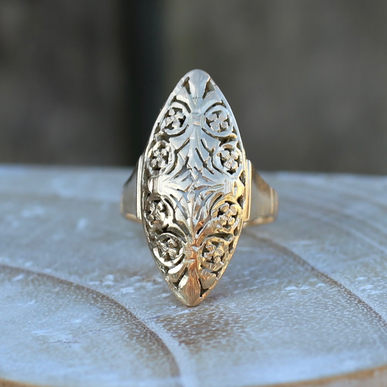 Hand Carved Navette Ring, 14ct Yellow Gold, size Q or 8.25g