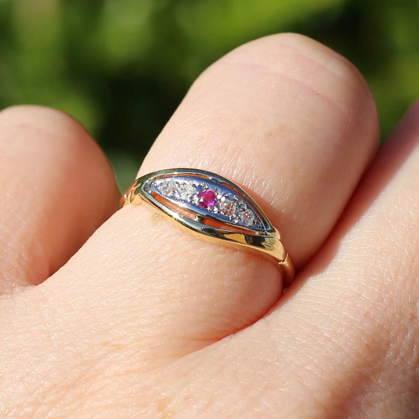 Antique Boat Ring with Four Old Cut Diamonds and an Old Cut Pink Topaz, 18ct Yellow and White Gold, size 7 or N1/2