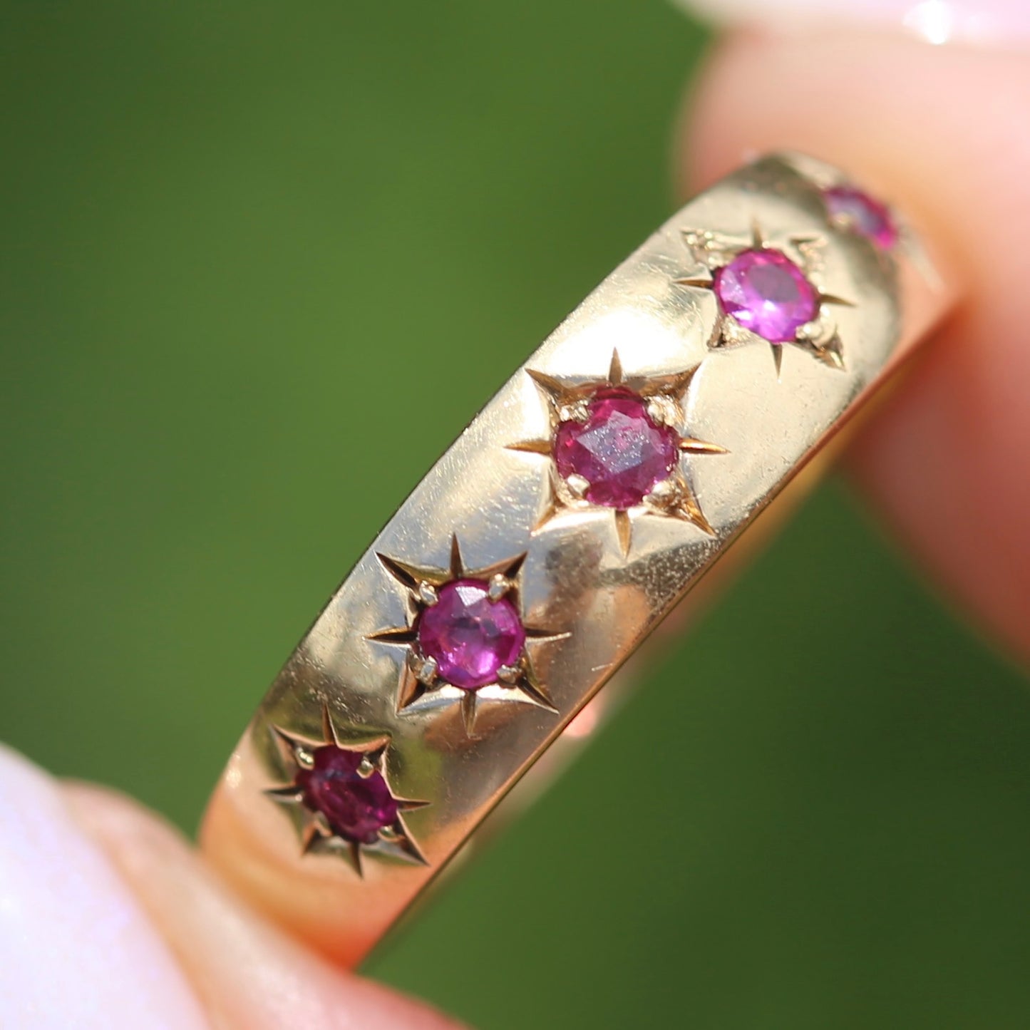 Antique 1891 Five Stone Star Set Old Cut Ruby Ring, 15ct Rosey Gold, size N- N1/2 or 6.75