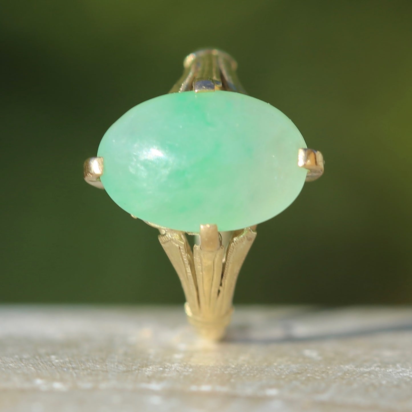 Apple Green Oval Jade Cabochon, 14ct Yellow Gold Claws with Fab Shoulders, size 5.5 or K1/2