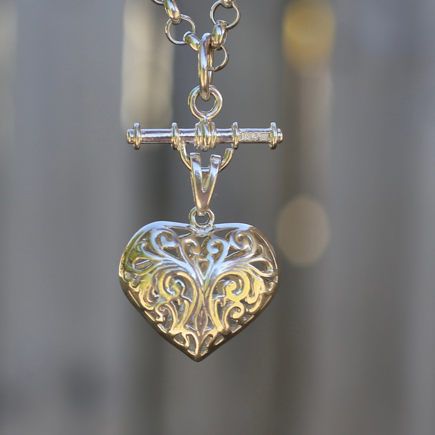 Modern Filigree Heart Fob with T-bar, 7.79g