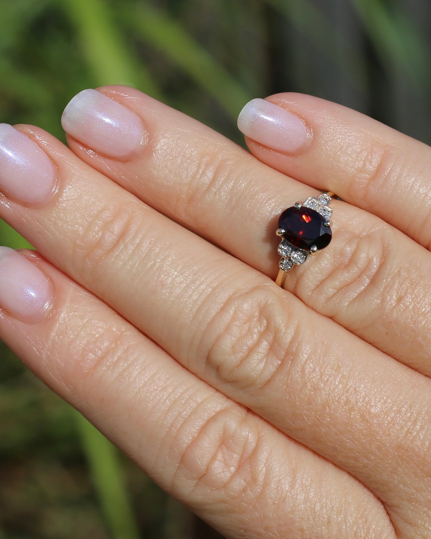2.45ct Deep Red Whisky Zircon and Diamond RIng, 9ct Yellow Gold, size L or 5.75, 2.33g