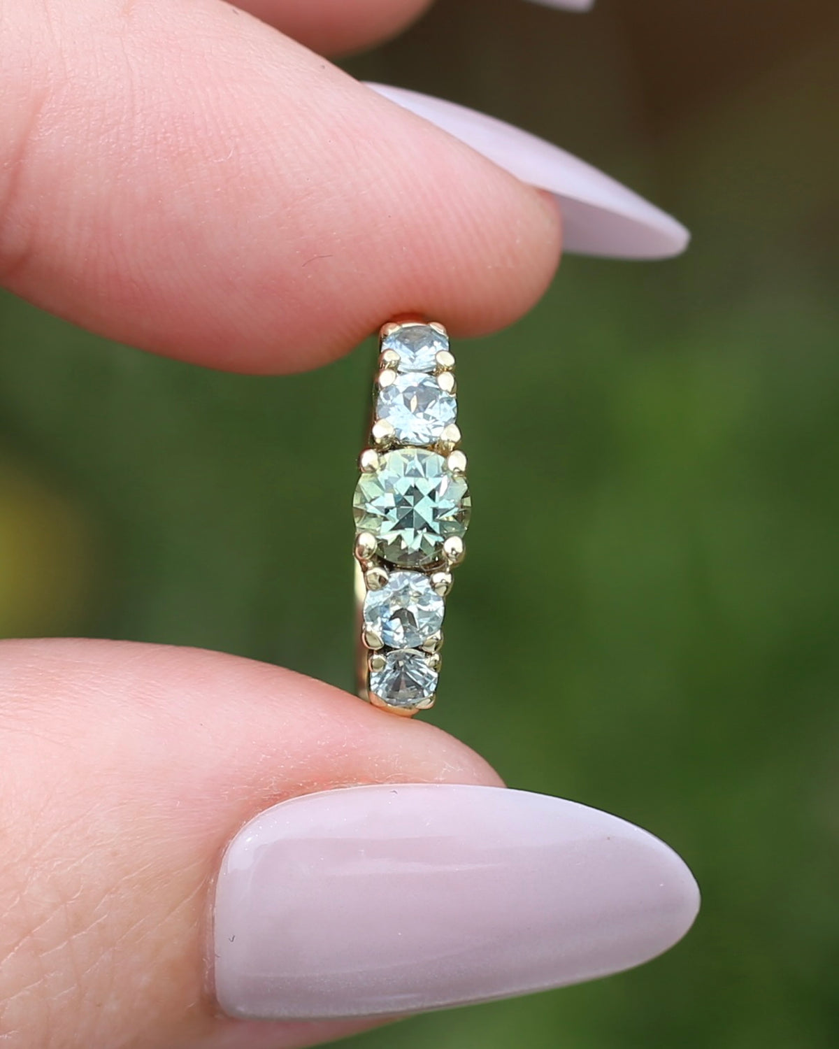 1.35ct Blue Green Natural Five Stone Sapphire Ring, 9ct Yellow Gold, size 6.5 or just over M1/2, 2.91g