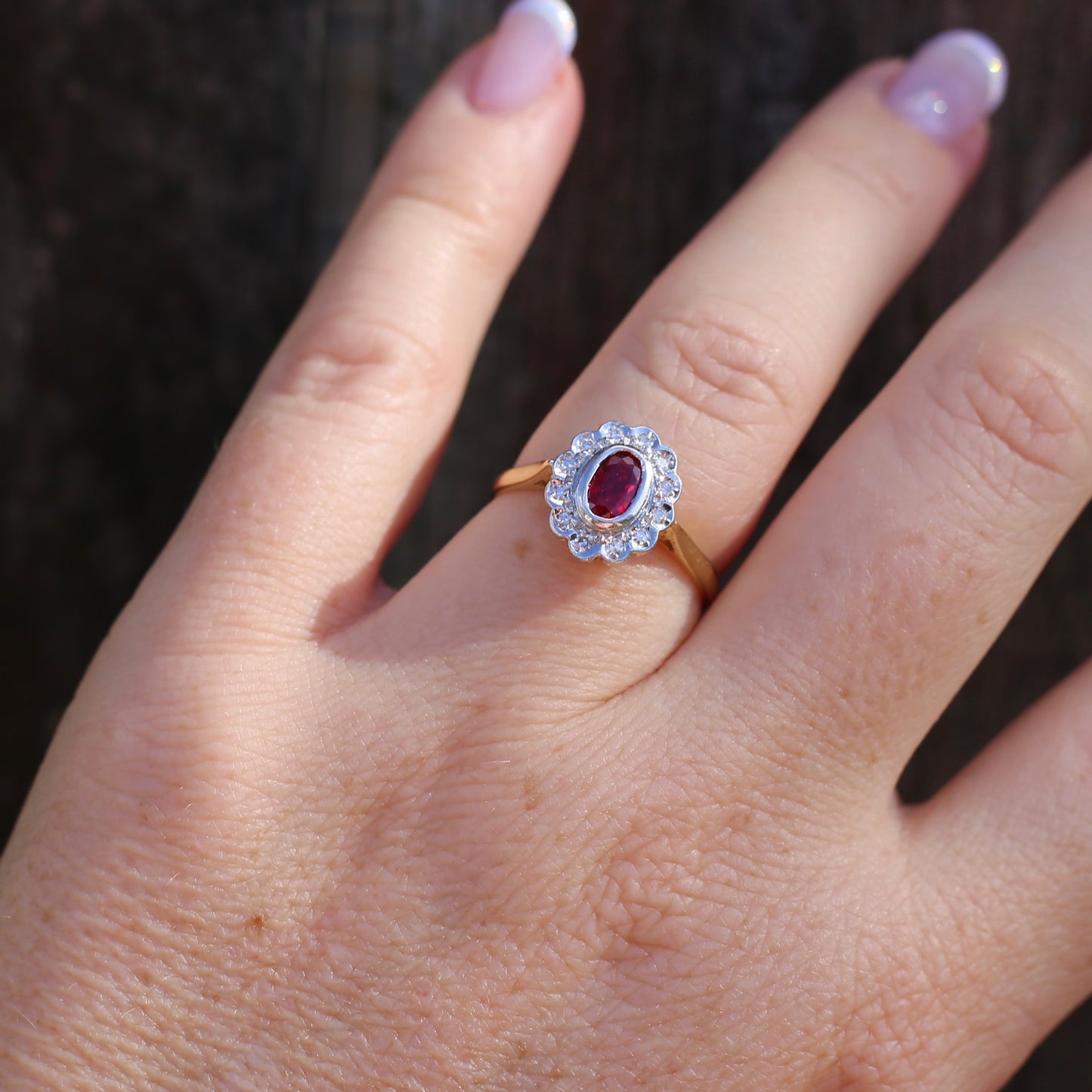 Ruby and Diamond Halo, 18ct Yellow and White Gold, size P or 7.75 with valuation