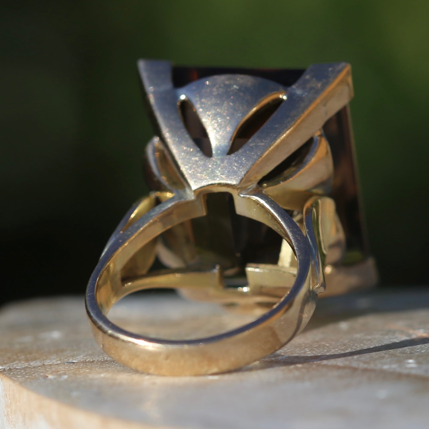 Mid Century 36ct Princess Cut Smoky Quartz Cocktail Ring, 9ct Yellow Gold, size N1/2 or 6.75