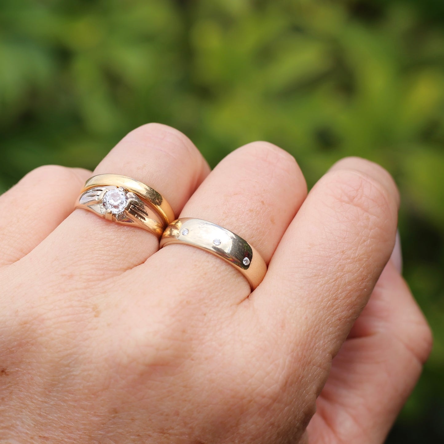 Chunky Half Round 9ct Gold Ring with 3 Punch Set Diamonds, 9ct Yellow Gold, size 8.5 or just under R