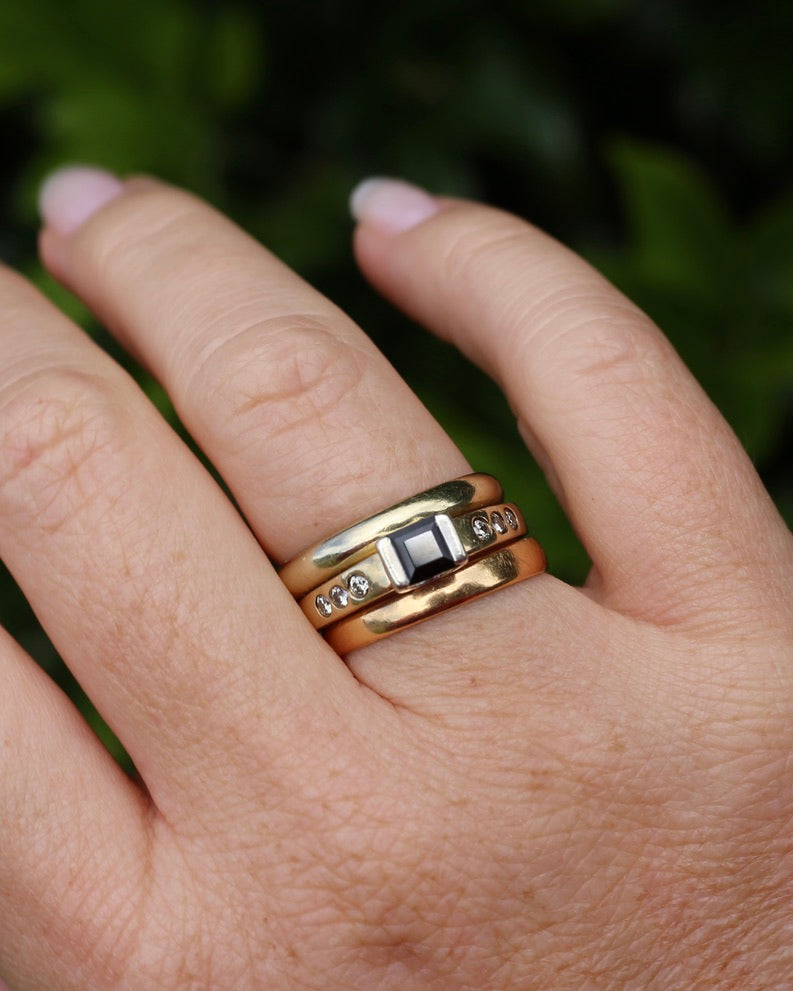 Vintage Chunky East West Set Sapphire and Flush Set Diamonds, 9ct Yellow and White Gold, size 9 or S