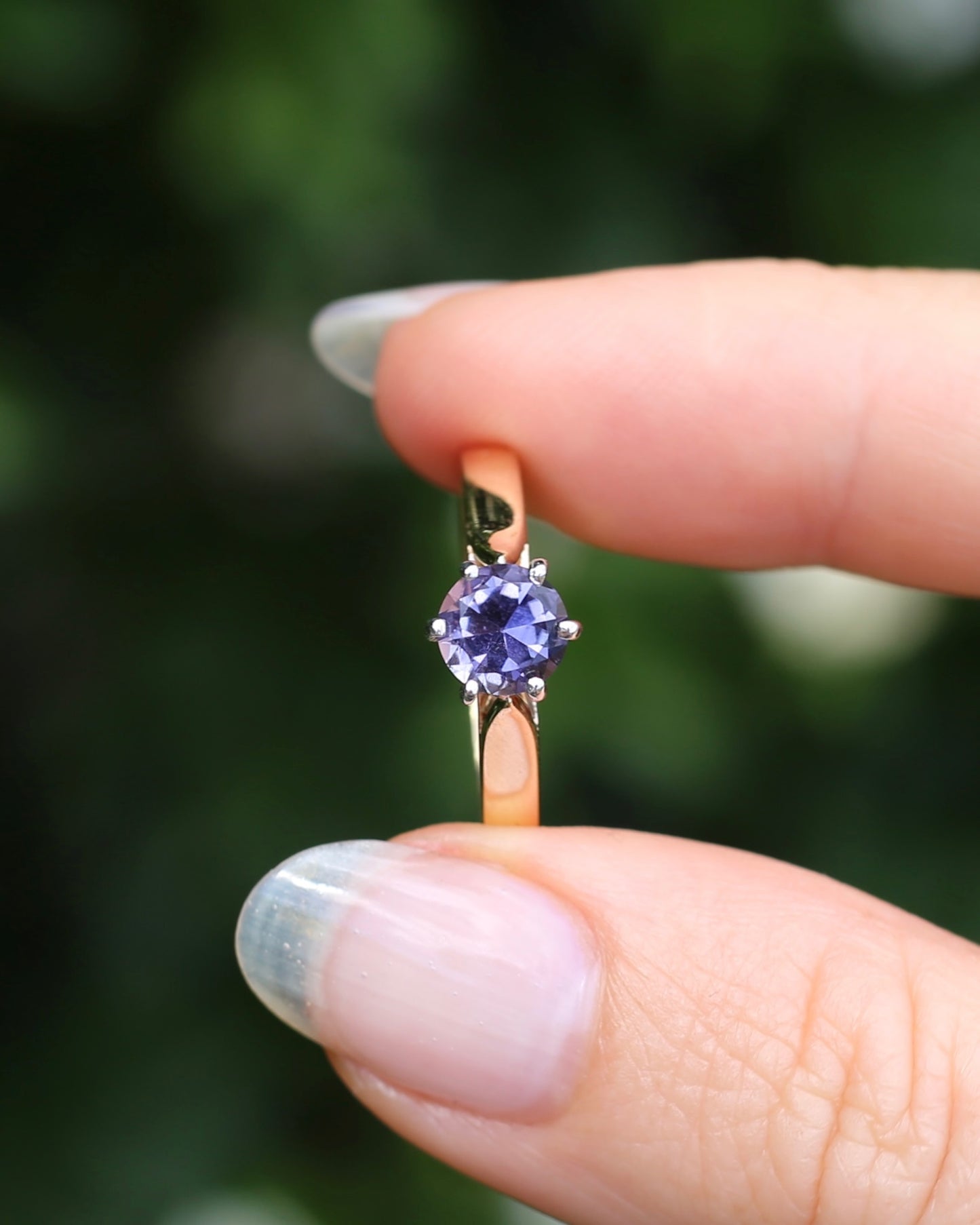 Hand Carved Australian Iolite Solitaire Ring, 9ct White and Yellow Gold, size S1/2 or 9.25, 3.03g