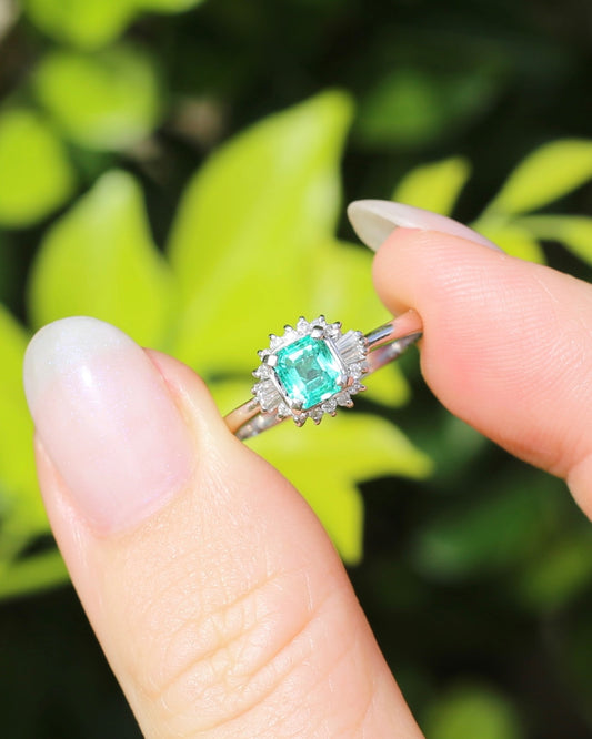 Natural Square Step Cut Emerald and Diamond Baguette Ballerina Skirt, Platinum Ring, size O or 7.25
