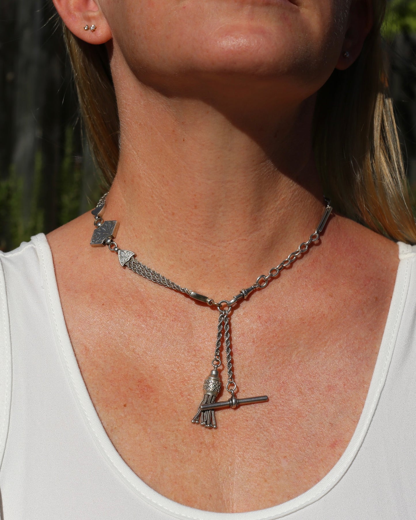 Amazing 1884 Silver Albertina with T-bar and Tassel, 19.5cm or just over 7.5 inches to jump ring, 20.4g