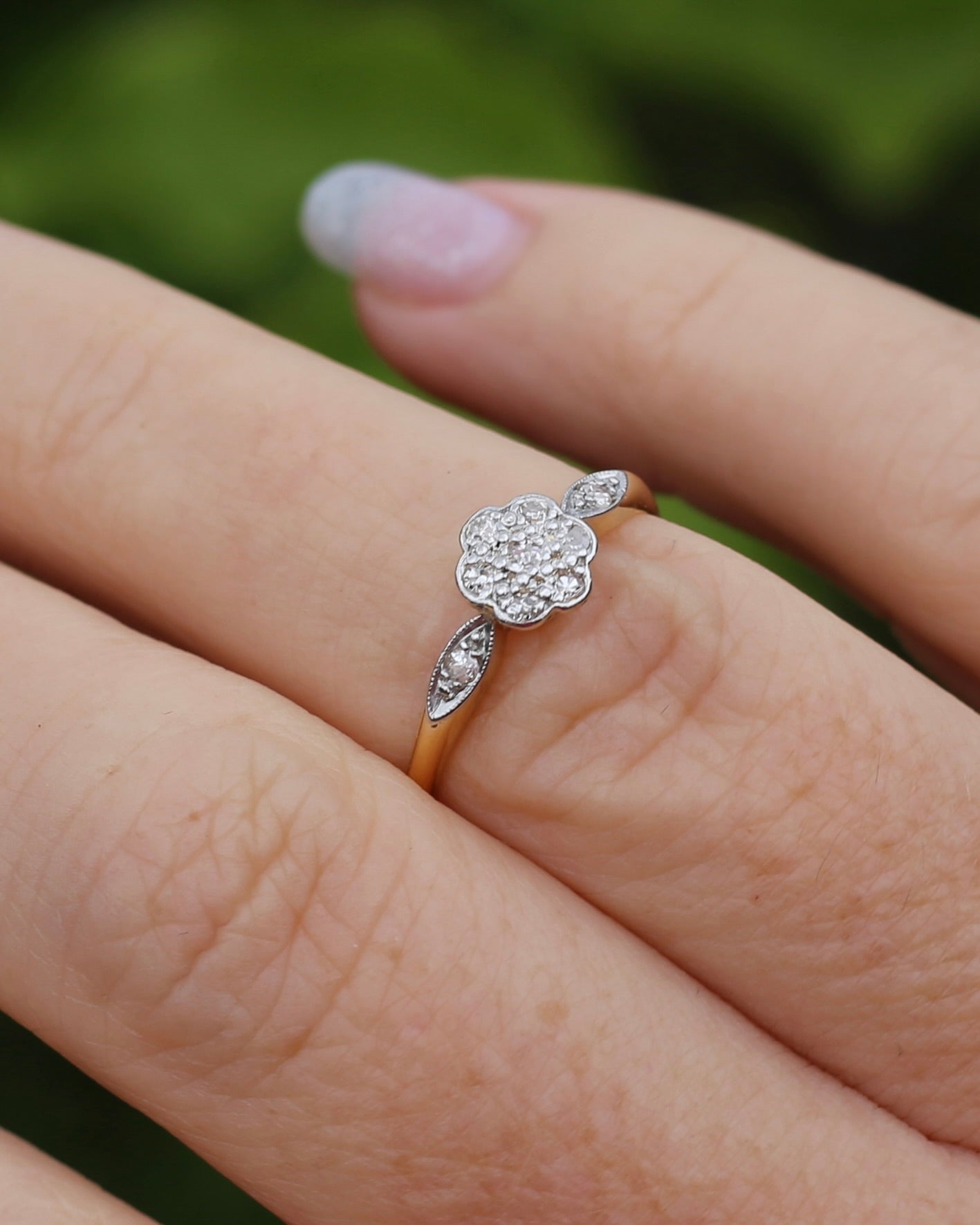 Circa 1930s Single Cut Daisy Cluster, 18ct Yellow Gold and Platinum, size M1/2 or 6.5, 2.2g