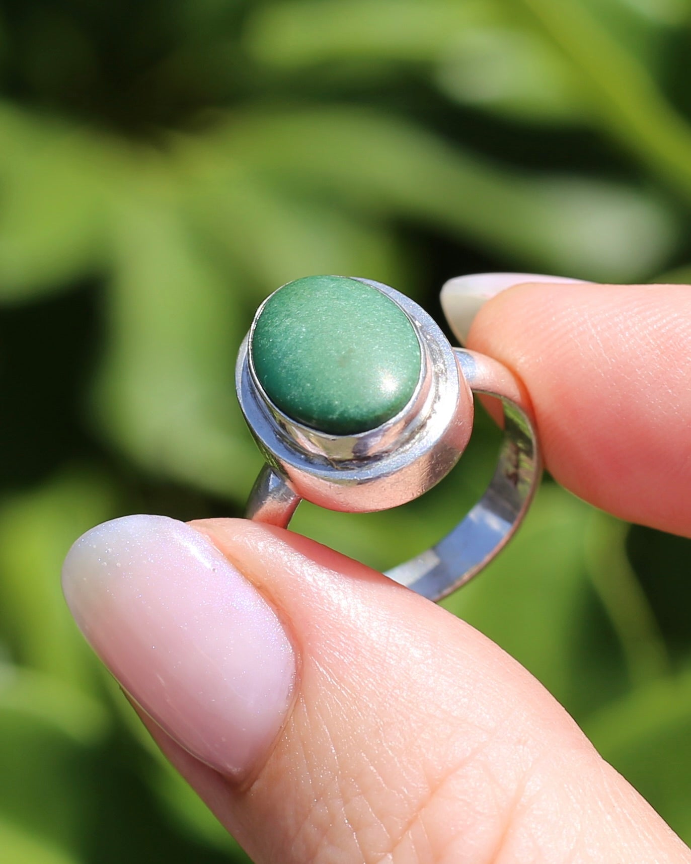 Natural Green Turquoise Bezel Set Ring, Sterling Silver, size P or 7.5, 6.0g