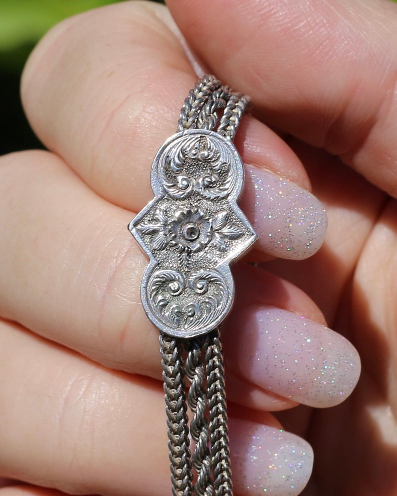 Antique 1901 Double Albertina Necklace with T-bar and Tassel, Sterling Silver, 43.75g