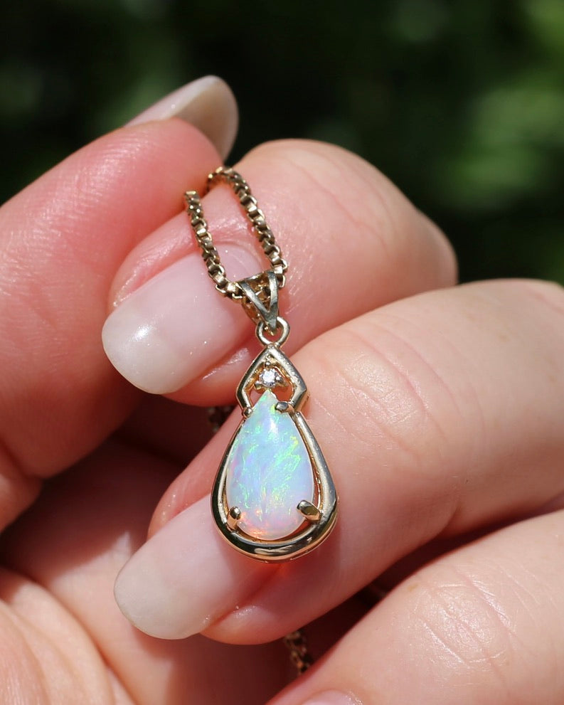 Pear Crystal Opal and Diamond Pendant, 10ct Yellow Gold, 1.5g