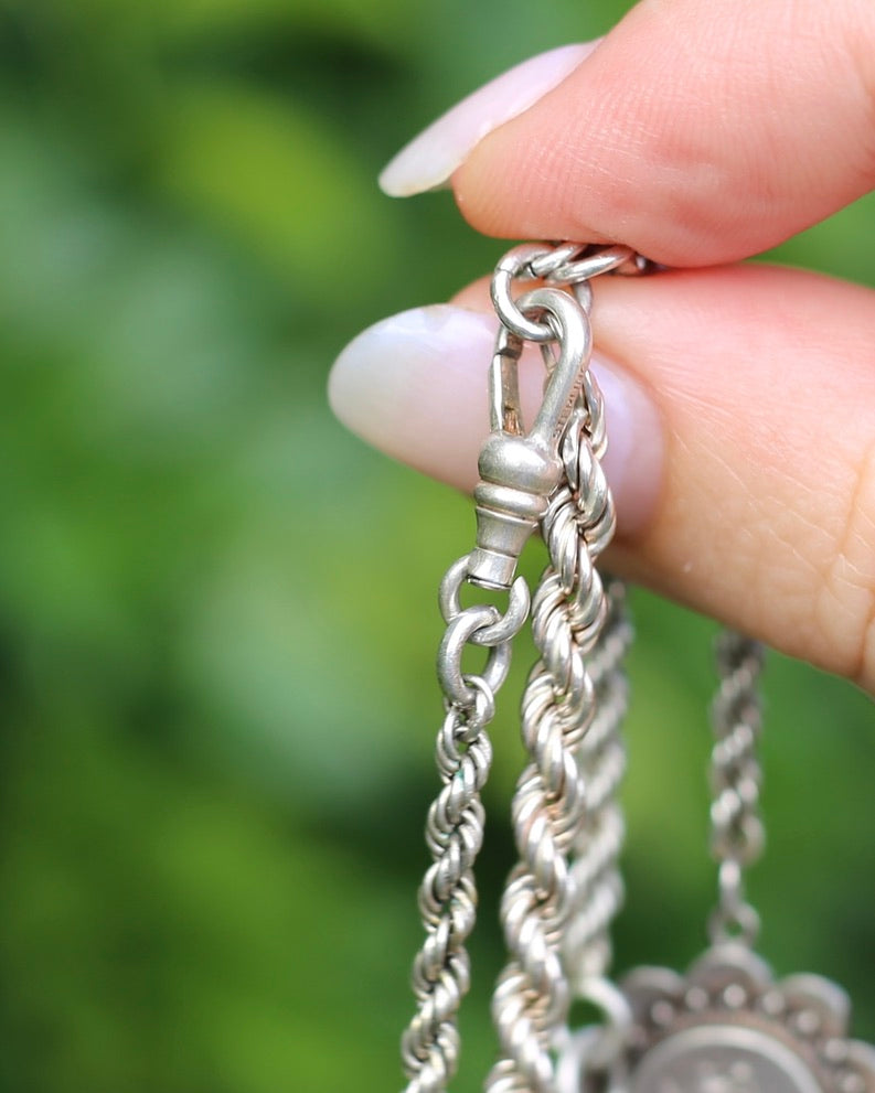 Antique 1896 Double Albertina Necklace with T-bar and Floral Pendant, Sterling Silver, 18.85g