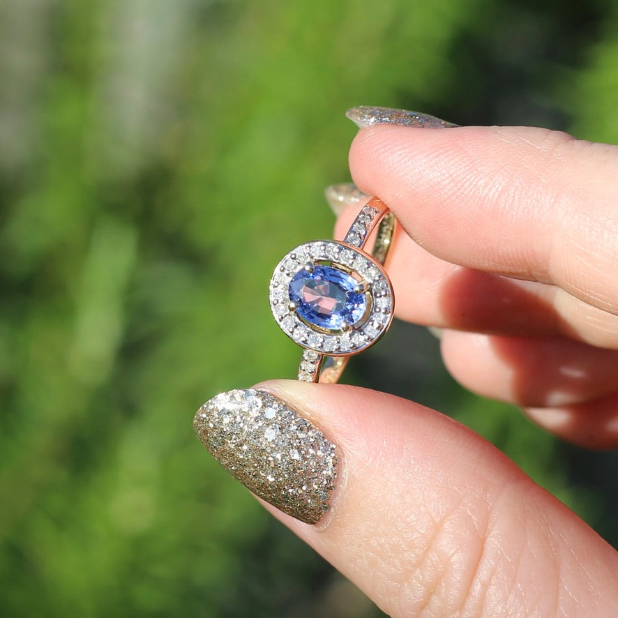 Sapphire and Single Cut Diamond Halo, 9ct Yellow Gold, size 10.25 or just bigger than U