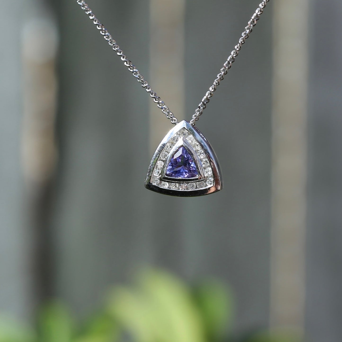 Trillion cut Tanzanite and Diamond Pendant, 14ct White Gold, with 9ct White Gold Chain