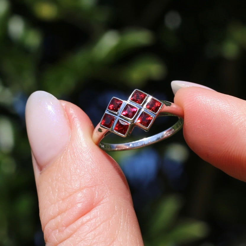 Modern Princess Cut Checkerboard Ruby Ring, 9ct White Gold, size Q or 8.25