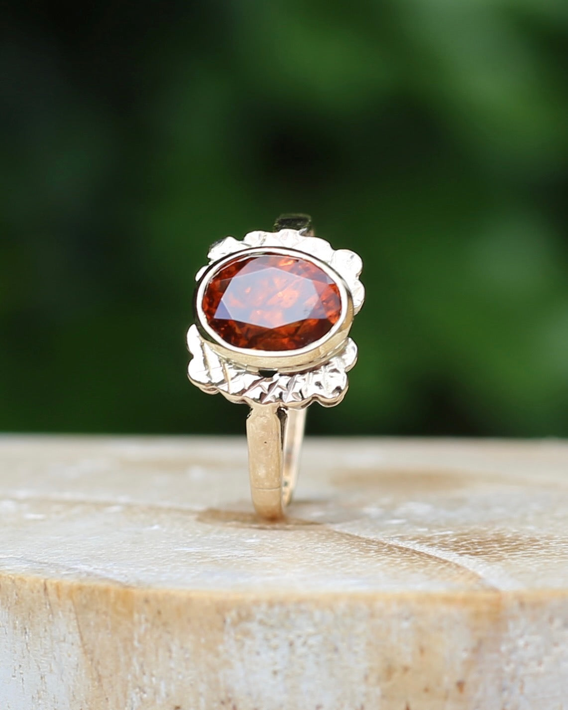 Custom Cut 3.54ct Oval Whiskey Brown Zircon, Bezel Set, 9ct Yellow Gold Birmingham Made 1994 Ring, size P or 7.75