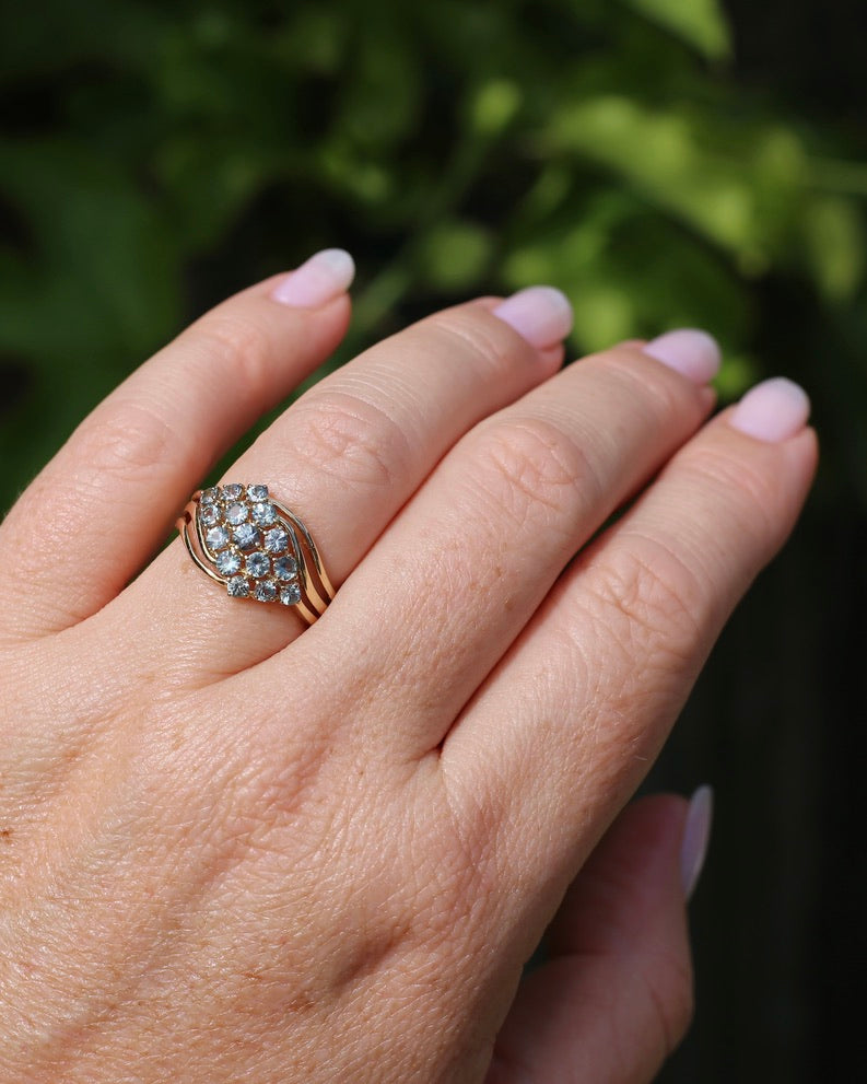 Pale Blue Parti Sapphire Bypass Cluster Ring, 9ct Yellow Gold, size P1/2 or 7.75, 2.75g