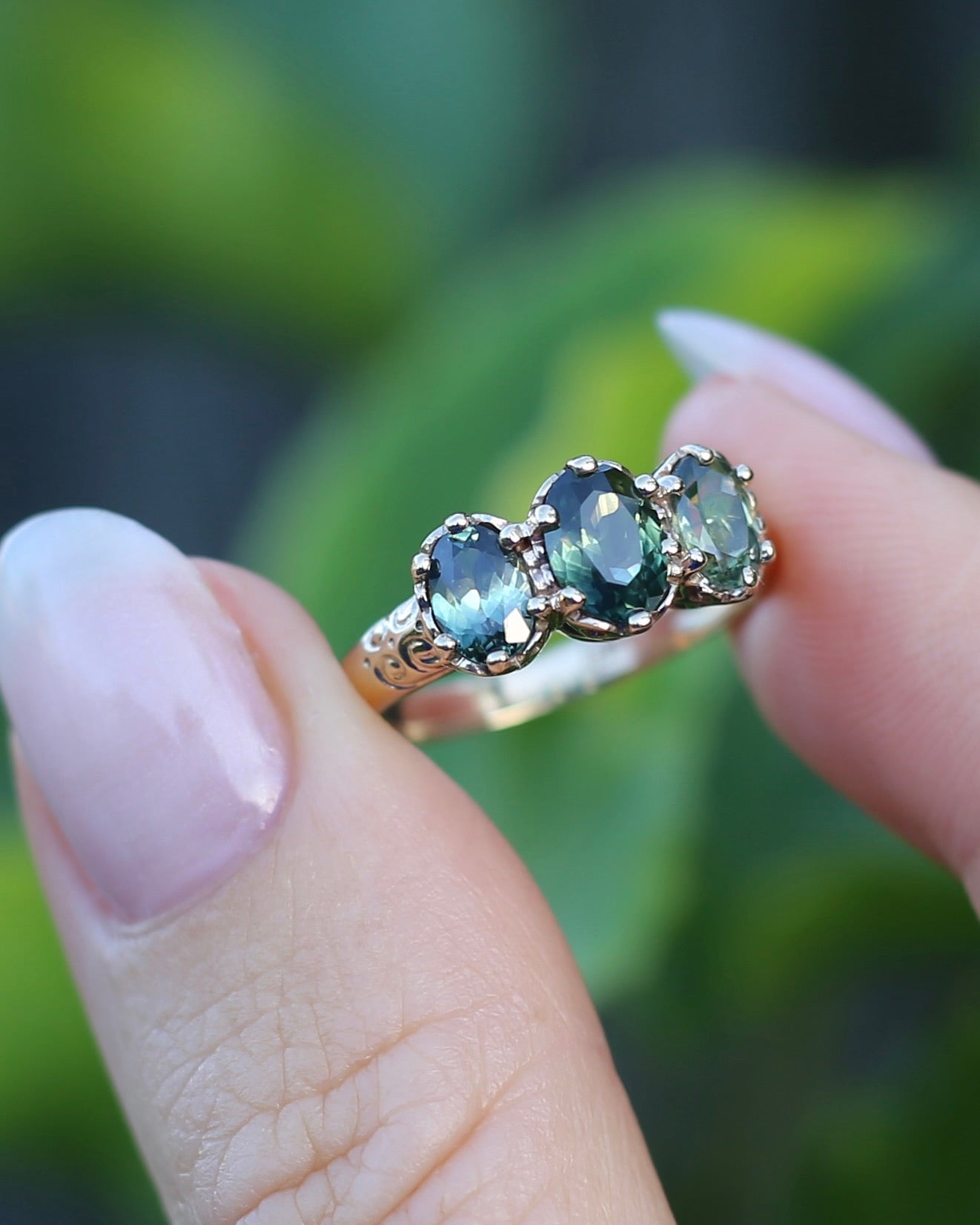 2.1ct Parti Sapphire Trilogy, in Vintage 9ct Yellow Gold Filigree, size O or 7.25