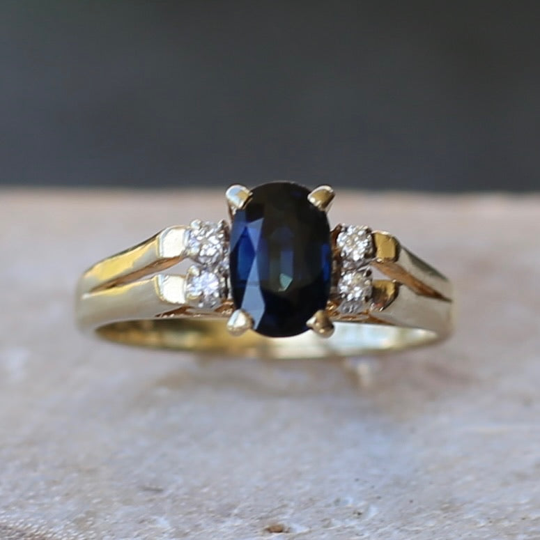 Oval Natural Blue Sapphire with Diamonds, Art Deco Feel Ring, 14ct Yellow Gold, size N or 6.75