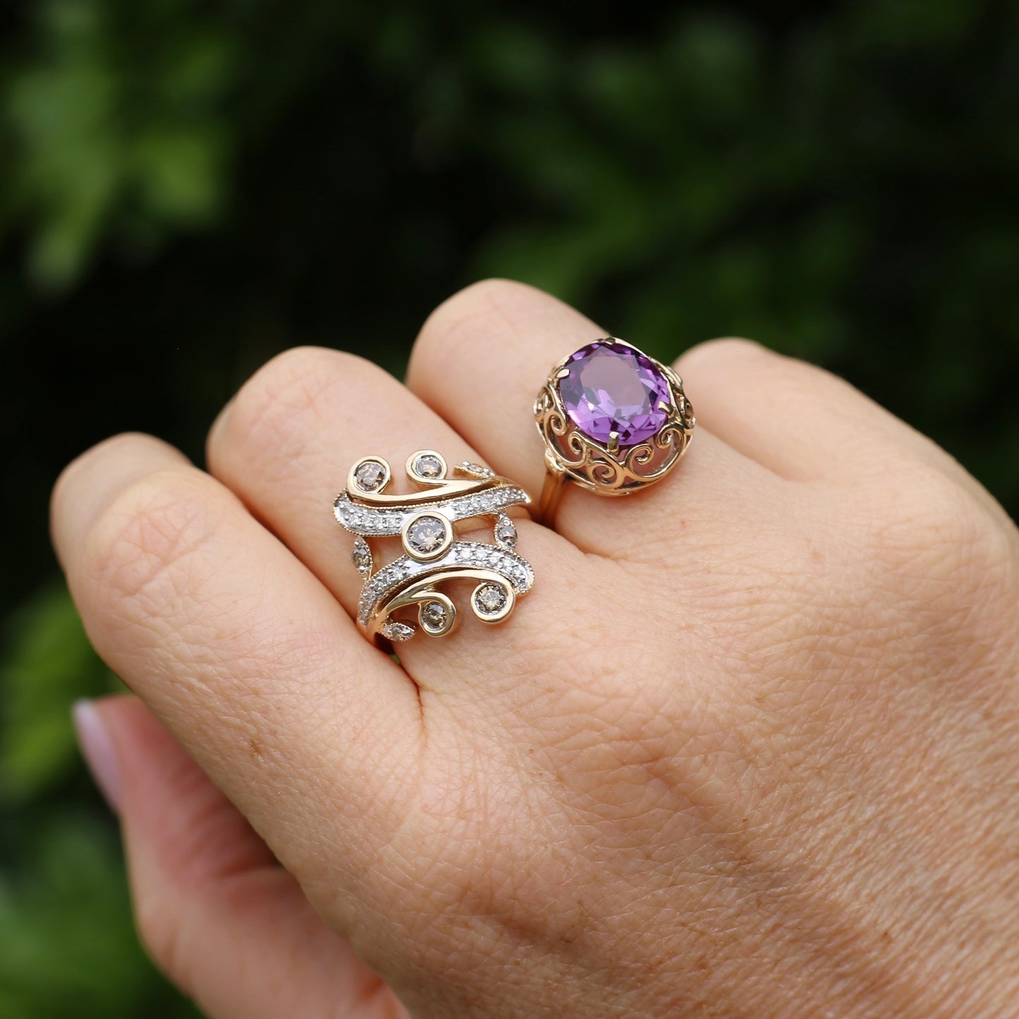 Synthetic Colour Change Purple Sapphire in Filigree Gold Ring, 10ct yellow gold,  size M1/2 or just under 6.5