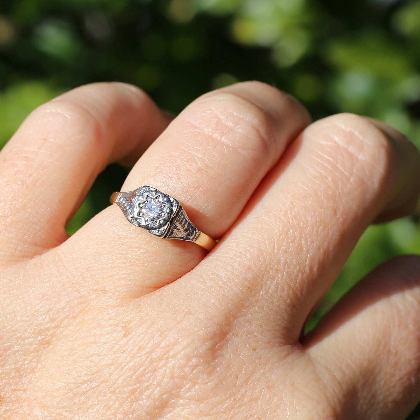 1930s Art Deco Inspired Platinum and 18ct Gold Solitaire Ring, size N or almost 6.75