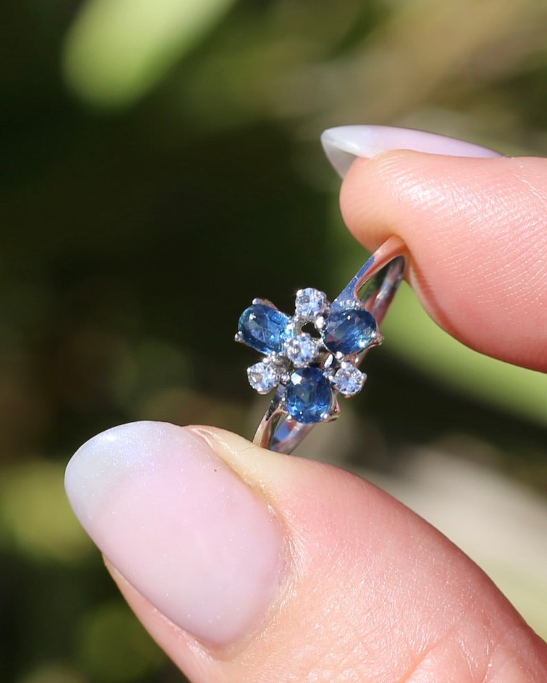 Vintage Parti Sapphire and White Quartz Cluster Ring, 9ct White Gold, size M or just over 6, 1.7g