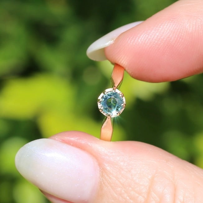 Seafoam Sapphire Solitaire in 8 Claw Setting, 9ct Yellow Gold, size L or just under 5.5