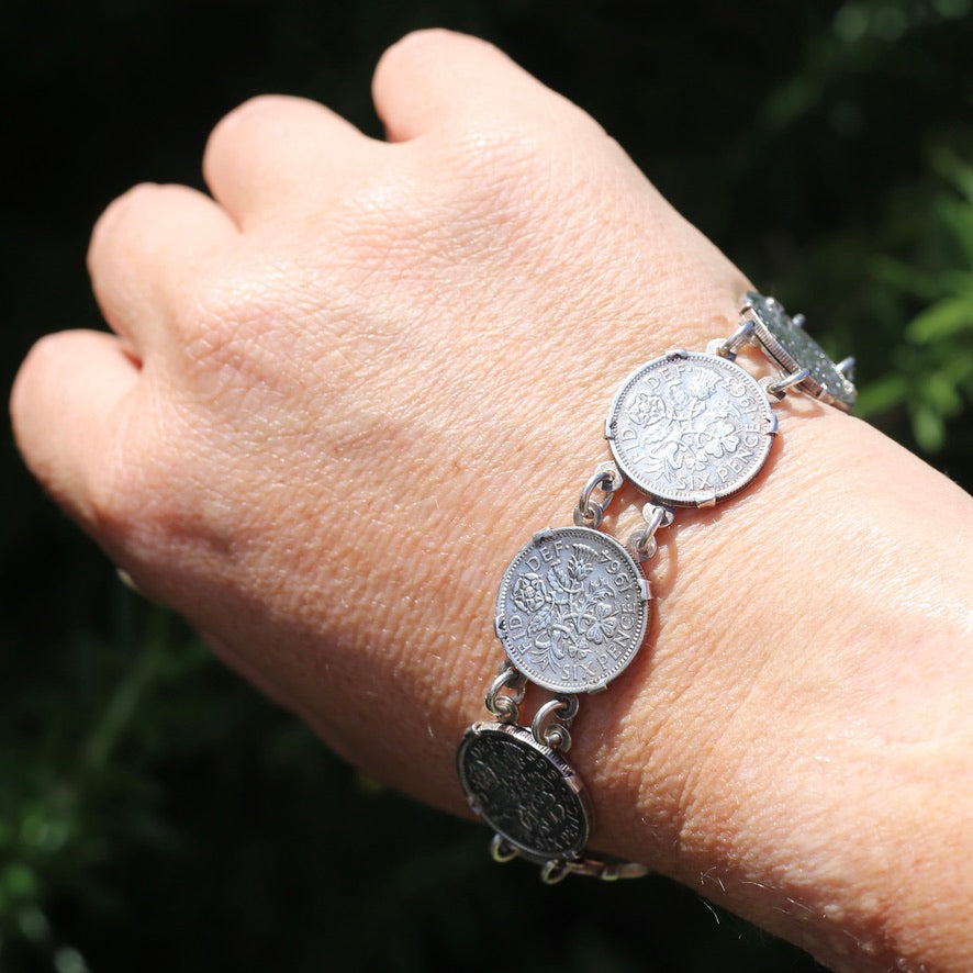 1960 - 1966 Sixpence Bracelet - set in 4 claw settings with double links, 20cm or 8 inches