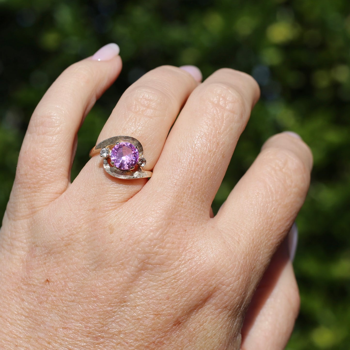 Asymmetric Pink Sapphire and White Spinel Dress Ring, 10ct Yellow Gold, size  N or 6.75