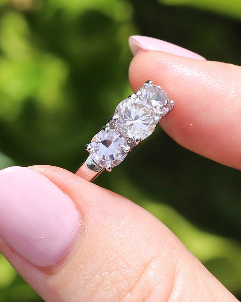 3.7ct Pale Pink Australian Zircon Trilogy Ring, 10ct and 18ct White Gold, size O or just over 7, 3.72g