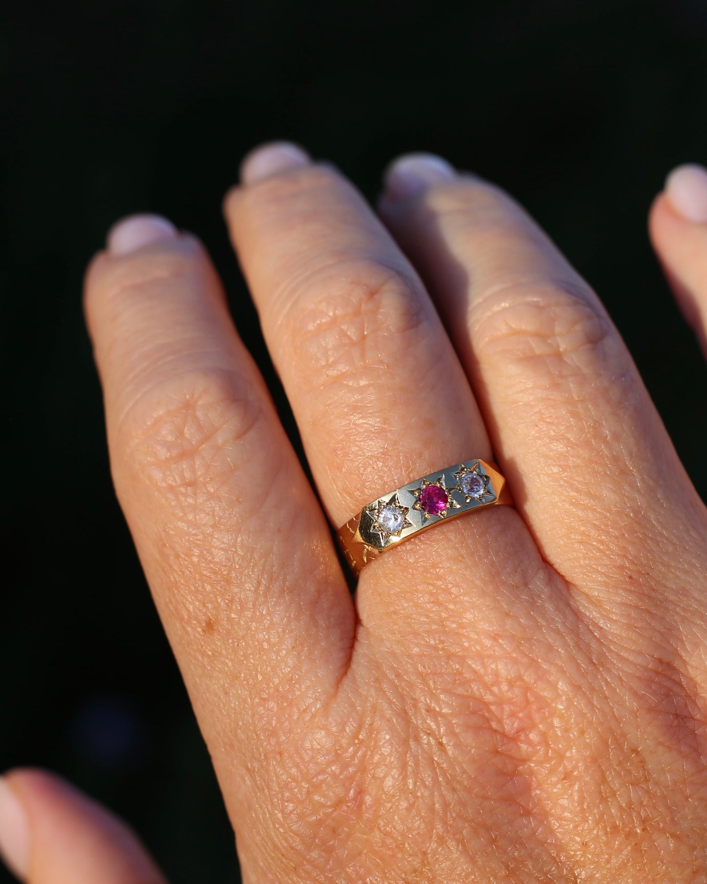 1873 15ct Band with 18ct Trilogy Old Cut Star Set Addition, 15 & 18ct Gold, size R1/2 or 8.75 (fits slightly smaller)