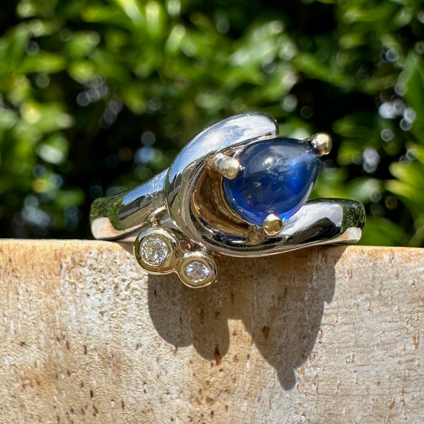 Chunky Asymetrical Mixed Metal Pear Sapphire Cabochon and Diamond ring, 18ct Yellow and White Gold, size 7.5 or just over O1/2