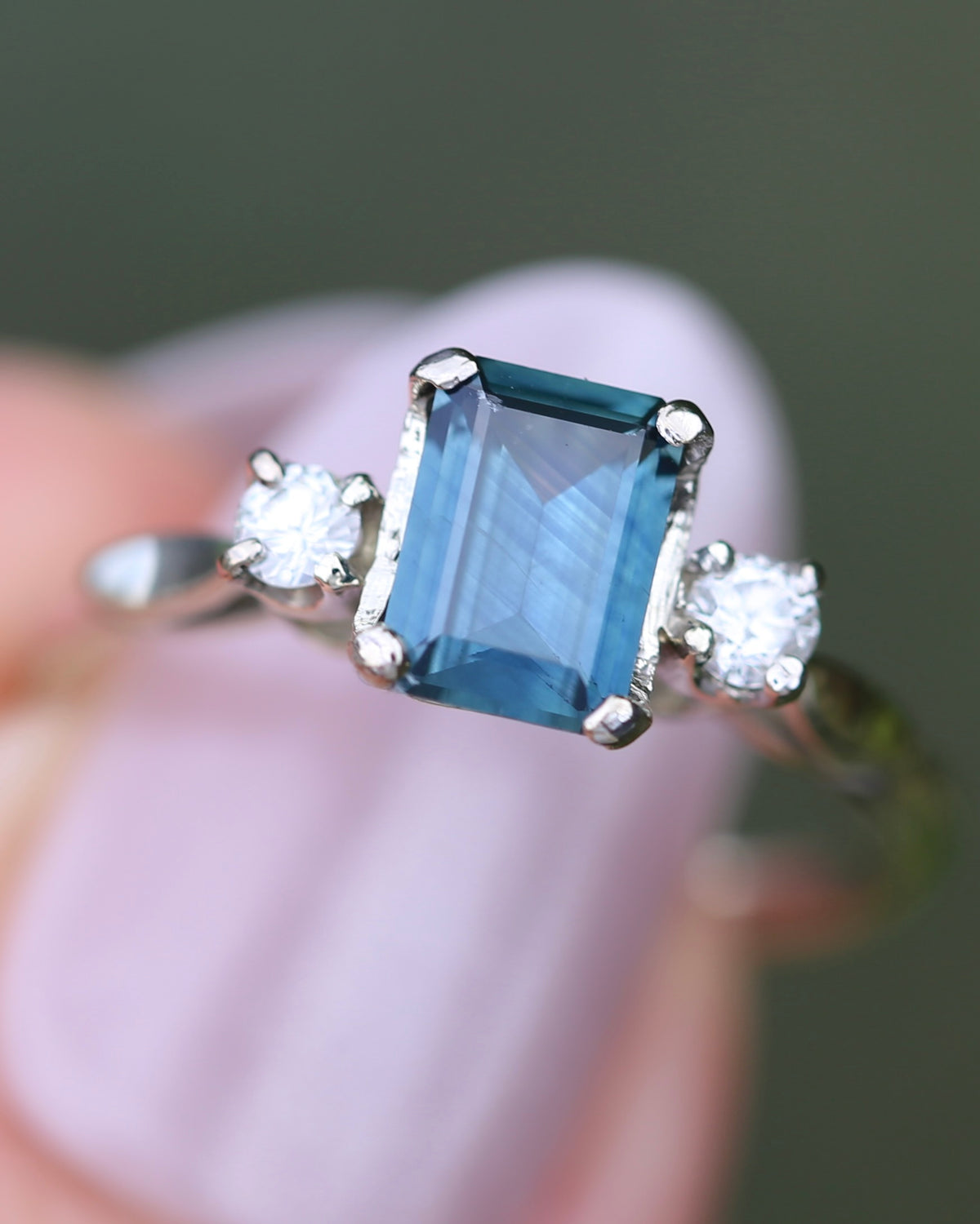 1.1ct Emerald Cut Natural Blue Teal Sapphire and Diamond Trilogy, 18ct White Gold and Platinum, size O or just over 7, 2.27g