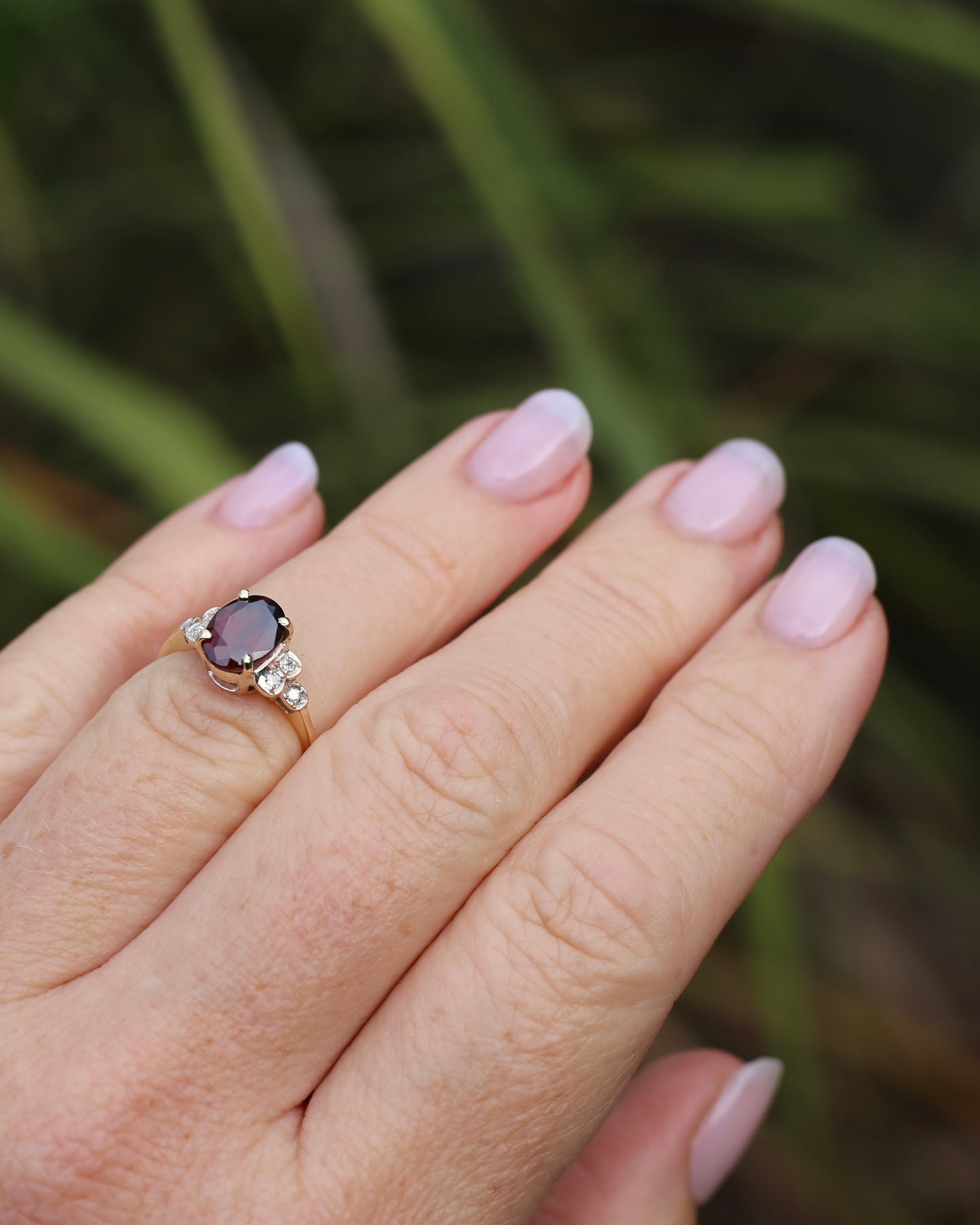 2.45ct Deep Red Whisky Zircon and Diamond RIng, 9ct Yellow Gold, size L or 5.75, 2.33g