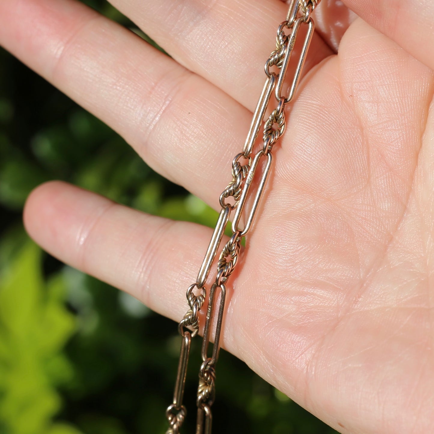 Old Rosey Gold Fancy Link Watch Chain with sliding T-bar and Spinning Fob, 9ct Old Rosey Gold, 19.63g