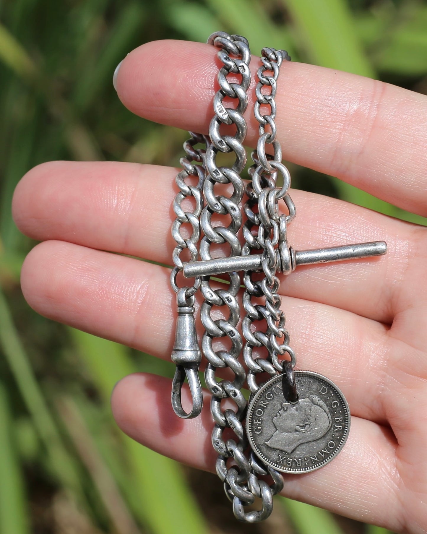1907 Single Graduated Chester Made Curb Watch Chain with T-bar and 1945 Threepence and Single Albert Clasp, 30cm or 11.75 inches, 30.54g