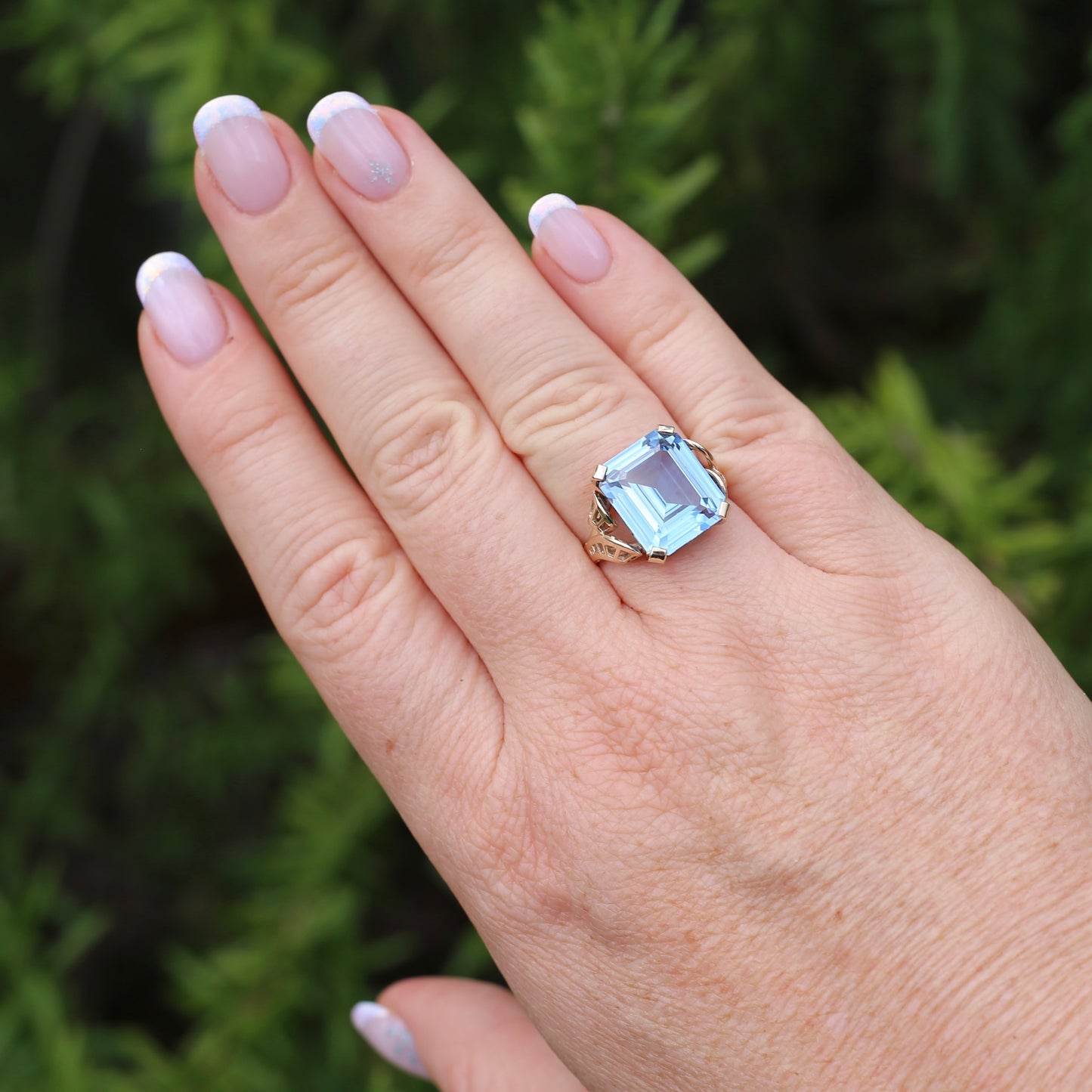 Mid Century Emerald Cut Blue Spinel Cocktail Ring, size N1/2 or 6.75