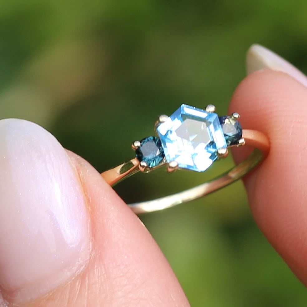 Hexagonal Blue Topaz and Parti Sapphire Trilogy, 9ct Yellow Gold, size O or 7.25