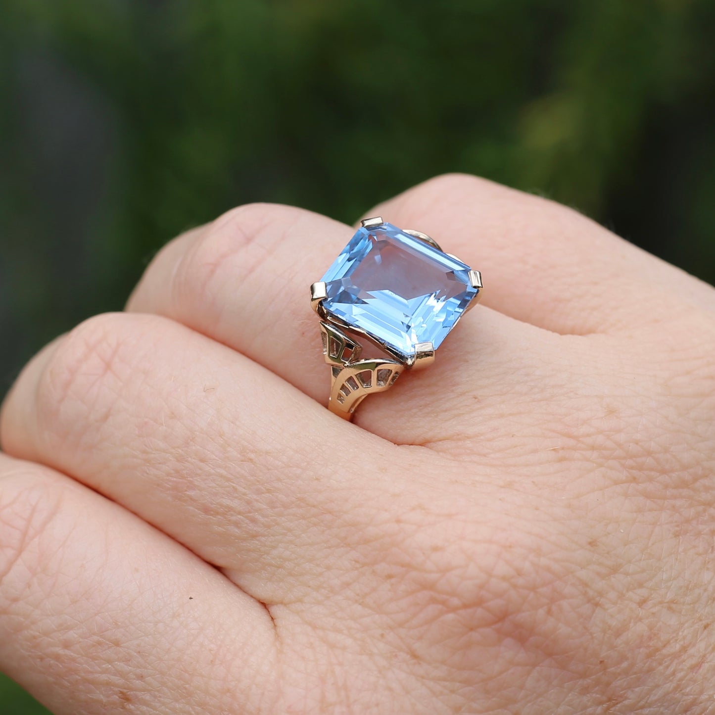 Mid Century Emerald Cut Blue Spinel Cocktail Ring, size N1/2 or 6.75