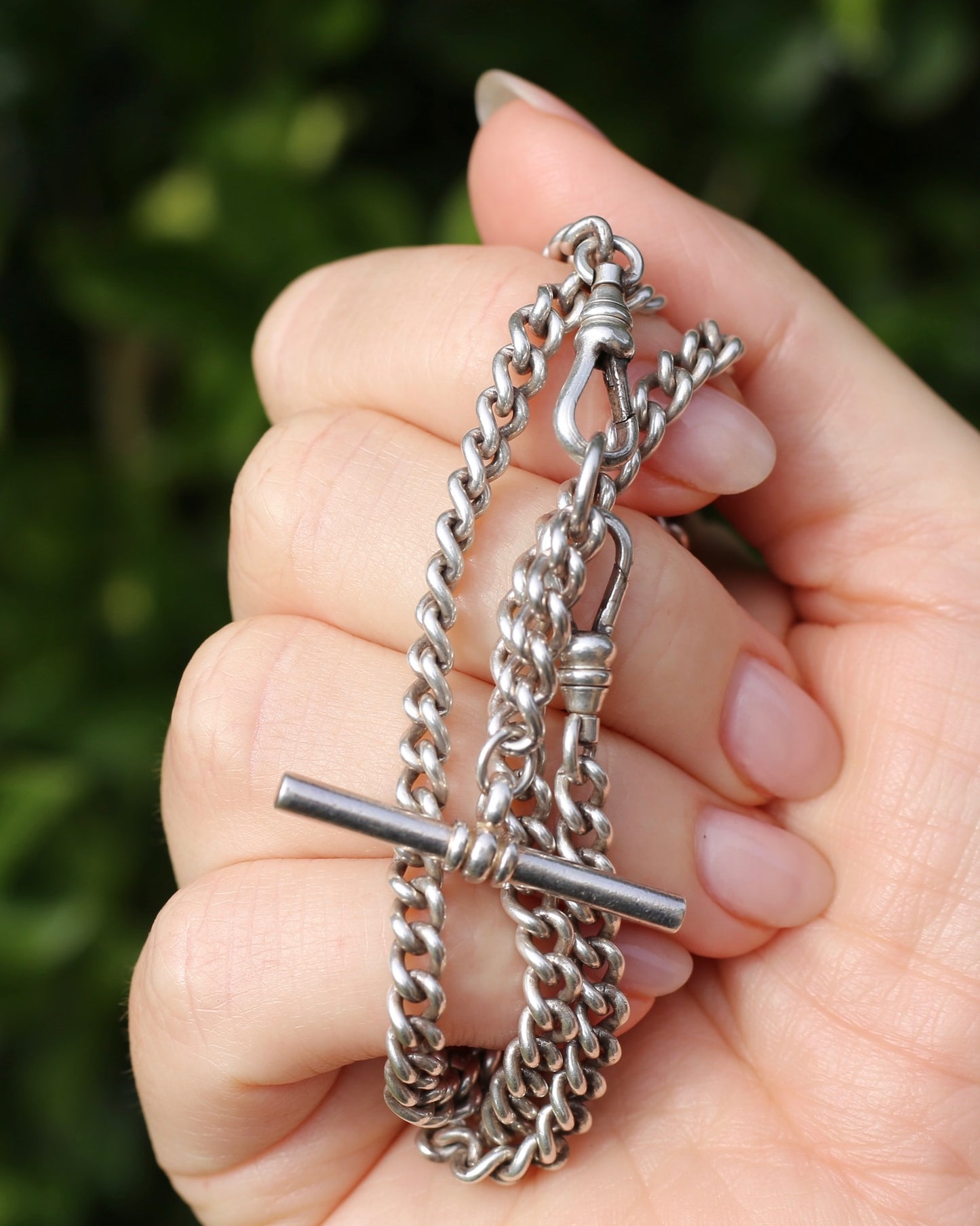 Vintage Silver Albert Chain, Likely American Made, Double Albert Clasp and Removable T-bar, Sterling Silver, 51.5cm