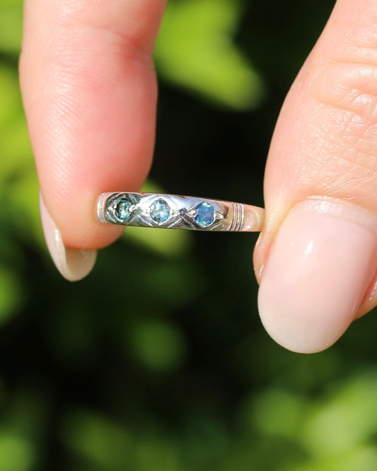 ON HOLD Australian Parti Sapphire Trilogy, 9ct White Gold Band, size N1/2 or just under 7, 2.67g