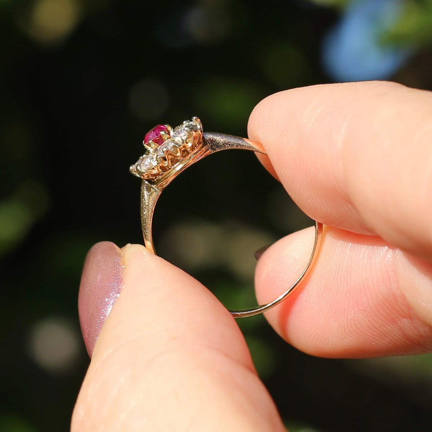 Antique Ruby and Old Cut Diamond Cluster, 15ct Yellow Gold, size O or 7.25 with valuation