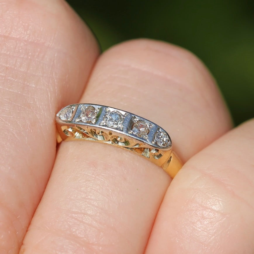 1930s Old Cut 5 Stone Diamond Ring, Platinum and 18ct Yellow Gold, size L or 5.75