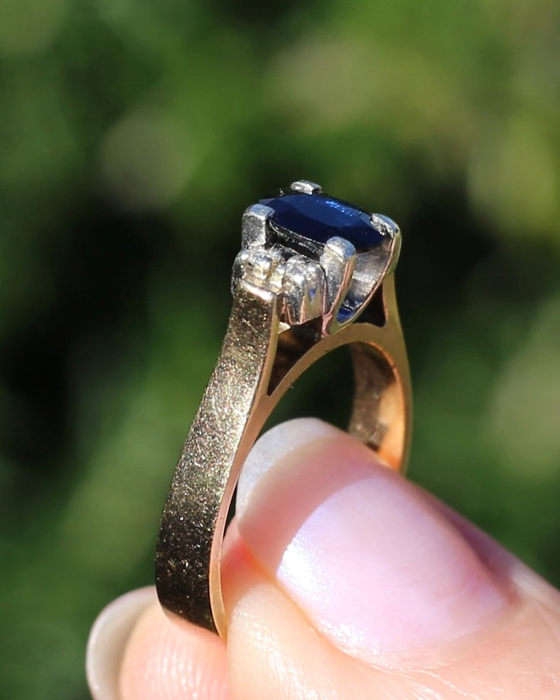 Circa 1970s Natural Sapphire and Diamond Ring, 9ct Yellow and White Gold, size M or 6.25, 4.19g