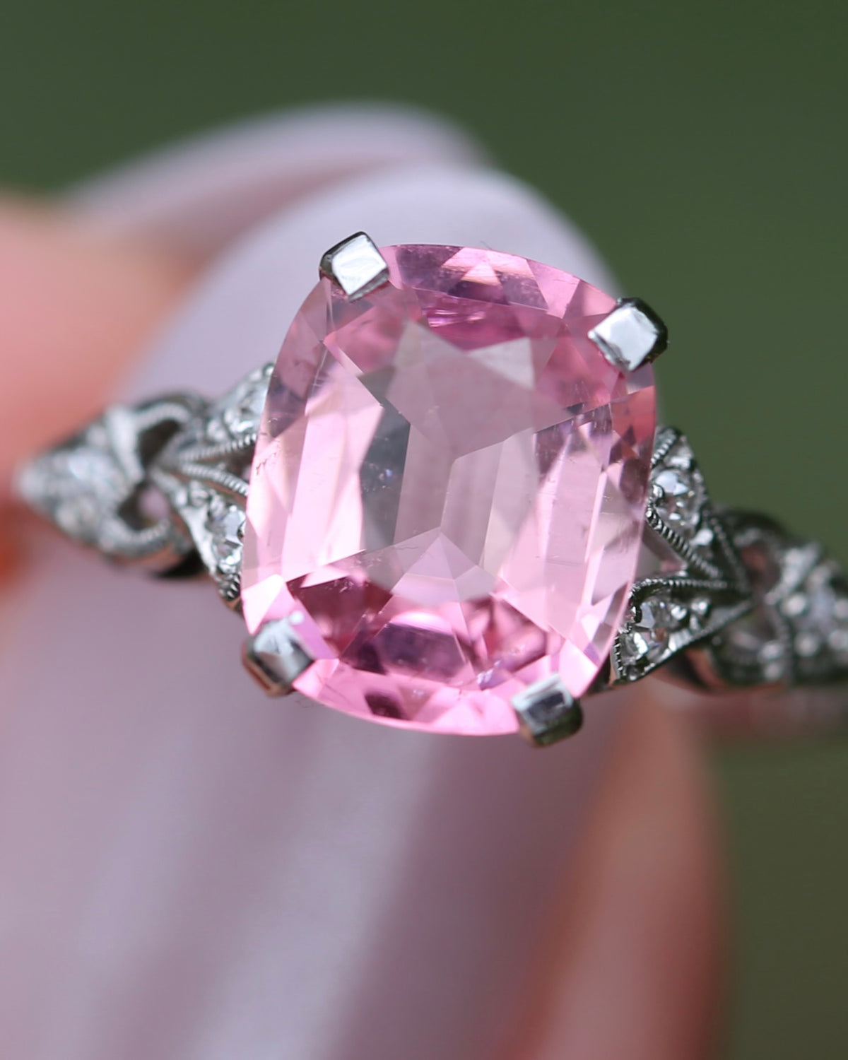 Pale Pink Tourmaline and Old Cut Diamond Shoulder Ring, 18ct White Gold and Platinum, size N or 6.75, 2.63g