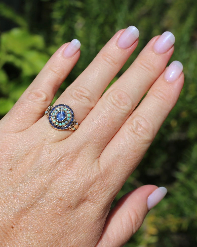 Natural Sapphire and Opal Cluster Ring, 9ct Yellow Gold, size P or 7.5, 4.04g