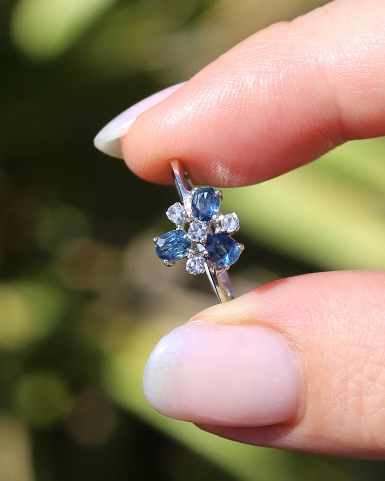 Vintage Parti Sapphire and White Quartz Cluster Ring, 9ct White Gold, size M or just over 6, 1.7g